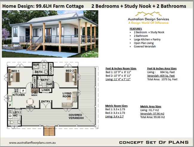 2 Bedroom + 2 Bath Small Home:99.6LH Farm House